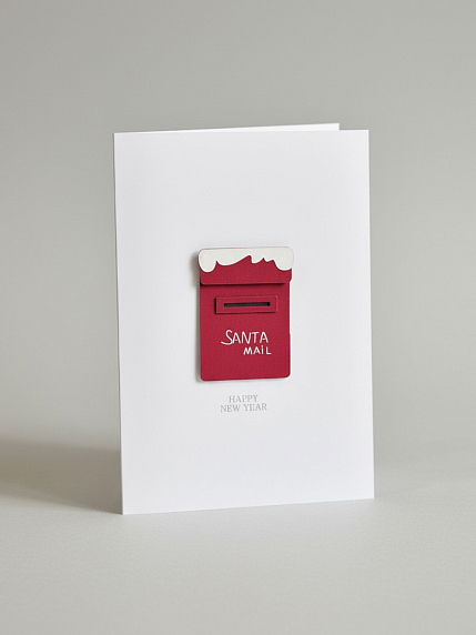 Открытка с деревянными элементами «Happy New Year c почтовым ящиком Санты», открывающаяся, BOE, фото 1.