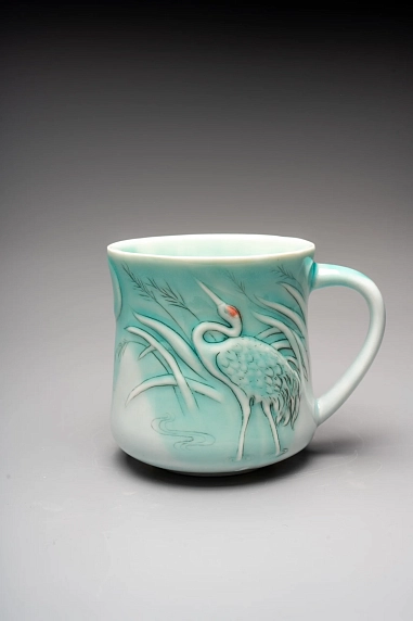 Кружка ручной работы Керамика Александры Пылиной «Журавли», бирюзовая, фарфор, 300 мл, фото 1.