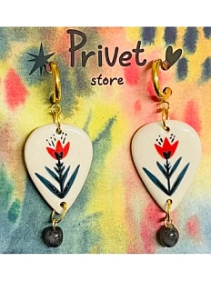 Серьги-конго ручной работы Звер с бусиной «Тюльпаны», керамика