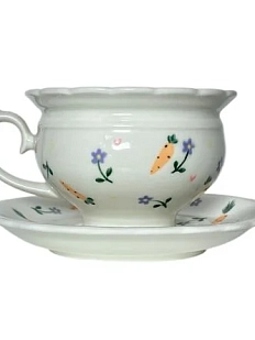 Чайная пара ручной работы Slowday Ceramics в морковку и сиреневые цветочки «Винтаж», полуфарфор, 250 мл
