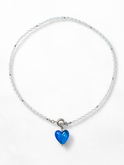 Колье ручной работы «Glass heart», синее, латунь, жемчуг, стекло, фото 2.