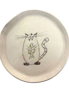 Тарелка ручной работы «Котик с рыбкой», керамика, 15 см
