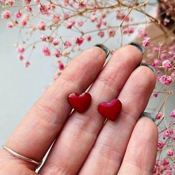 Серёжки-гвоздики Сердечки, дерево, красные, фото 4.
