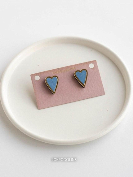 Серёжки-гвоздики Сердечки, дерево, голубые, фото 4.