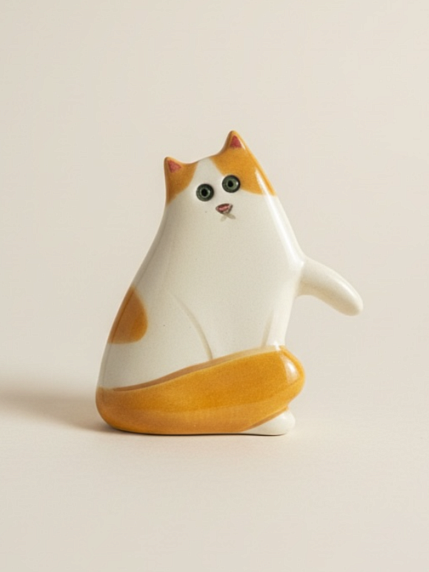 Брошь ручной работы «Кот с лапкой», бело-рыжий, керамика, фото 1.