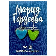 Серьги на петле Сердечки, керамика,  сини-зелёные