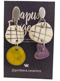 Серьги Мария Гордеева асимметричные составные с сердечком, керамика, разноцветные