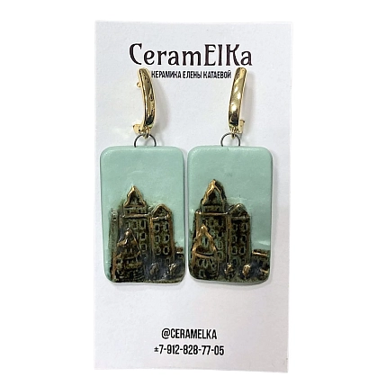 Серьги КерамЕлКа «Старый город», фарфор, мятно-золотистые, фото 1.