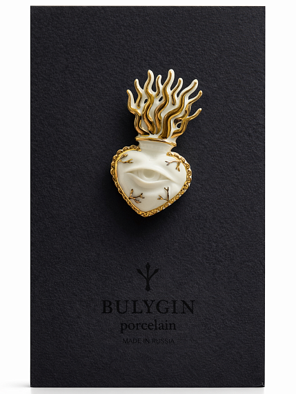 Брошь ручной работы Bulygin «Огненное сердце», фарфор, бело-золотистая, фото 1.