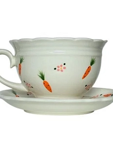 Чайная пара ручной работы Slowday Ceramics в морковку и розовые цветочки «Винтаж», полуфарфор, 250 мл