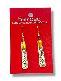 Серьги ручной работы Быкова керамика с зелёным орнаментом‎,  фарфор