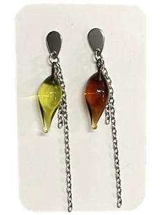 Серьги-гвоздики Керко с цепочкой зеленые и коричневые листочки, стекло