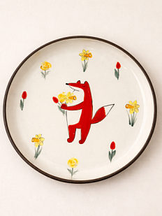 Тарелка ручной работы Ким керамика с бортиком Лис с нарциссами, белая, 13 см