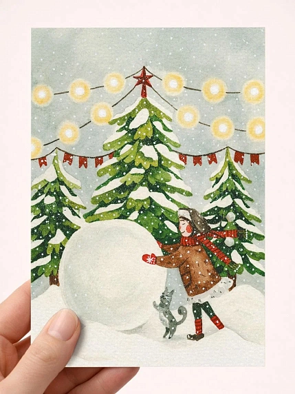 Открытка DARI DARI на Новый год «Катаем снеговика», А6, фото 1.