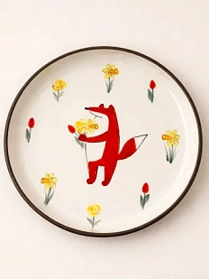 Тарелка ручной работы Ким керамика с бортиком Лис с нарциссами, белая, 13 см