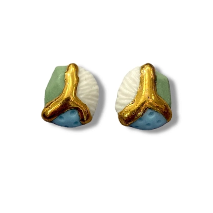 Серьги-гвоздики  ручной работы Трио с позолотой, фарфор, фото 1.