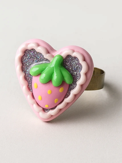 Кольцо Радость Рядом «Клубничка» с блестками, незамкнутое, полимерная глина, фото 2.