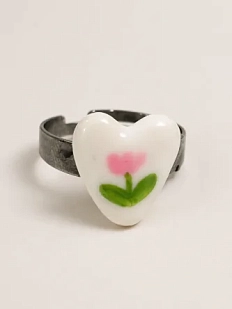Кольцо ручной работы Радость Рядом «Маленькое сердце с розовым тюльпаном», белое, полимерная глина, незамкнутое
