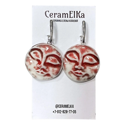 Серьги КерамЕлКа «Лица», фарфор, бело-бордовые, фото 1.