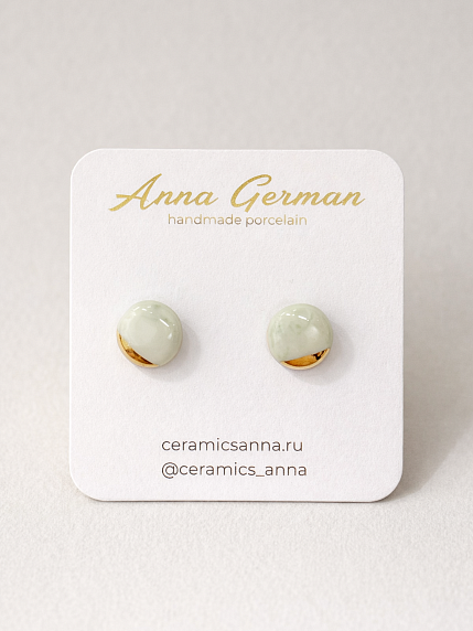 Серёжки-гвоздики «Круги», фарфор, зелёно-золотистые, фото 1.