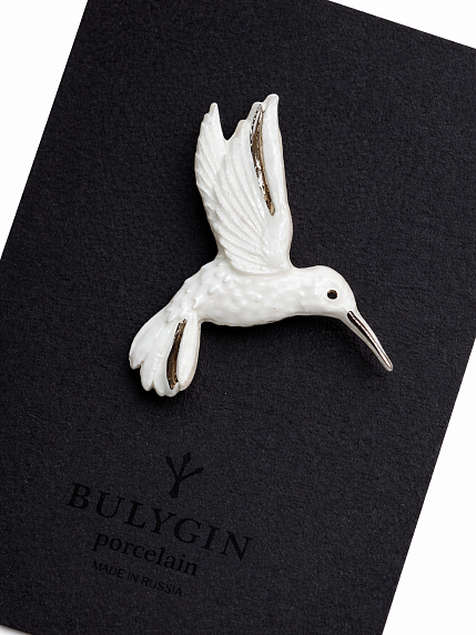 Брошь ручной работы Bulygin «Колибри», бело-серебристая, фарфор, фото 3.