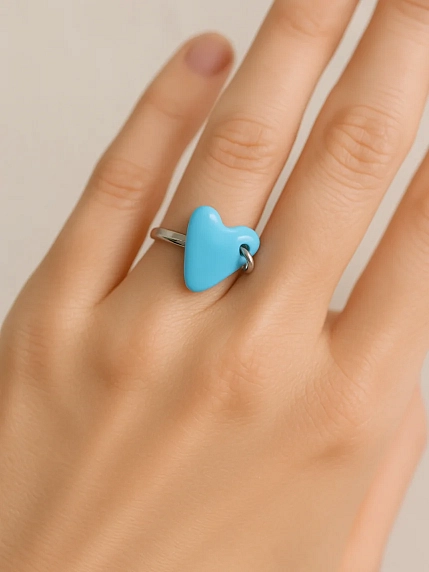 Кольцо ручной работы Радость Рядом Сердечко с кольцом, голубое, полимерная глина, незамкнутое, фото 3.
