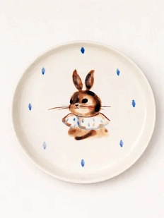 Тарелка ручной работы Ким керамика с бортиком Зайка с воротничком, белая, фарфор, 14 см