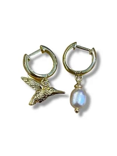 Серьги-конго «Колибри», позолота, латунь, жемчуг