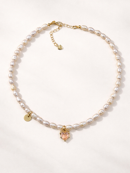 Чокер ручной работы «Ice» с розовым сердцем, речной жемчуг, родированная латунь, фото 1.