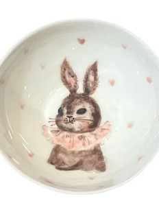 Пиала ручной работы Ким керамика с росписью внутри Зайка в жабо с сердечками, белая, фарфор, 10 см