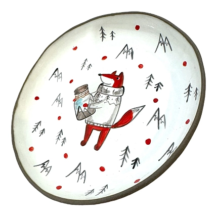 Тарелка ручной работы Ким керамика с бортиком Лис в горах с банкой, белая, 13 см, фото 2.