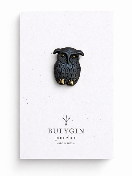 Брошь ручной работы Bulygin «Сова», фарфор, чёрно-золотистая, фото 1.