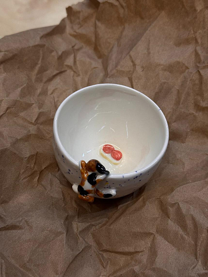 Пиала ручной работы «Котик ворует бутерброд», белая, 100 мл, фото 4.