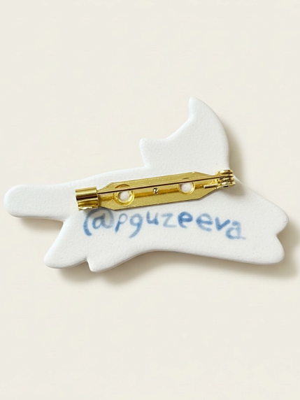 Брошь ручной работы Полина Гузеева «Полосатый котик», голубая, фарфор, фото 2.