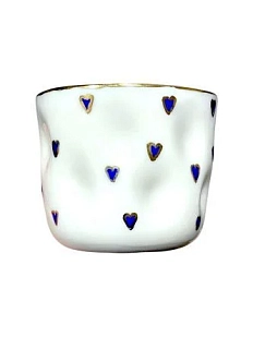 Стакан ручной работы «Сине-золотистые сердечки», белый, фарфор, 150 мл