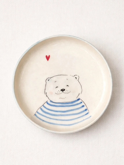 Тарелка ручной работы НАДО ЖЕ с росписью «Мишка в тильняшке», белая, керамика, 14 см, фото 1.