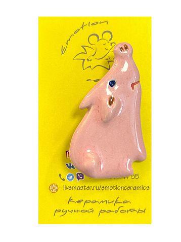 Брошь ручной работы «Свинка», керамика, розовая, фото 1.
