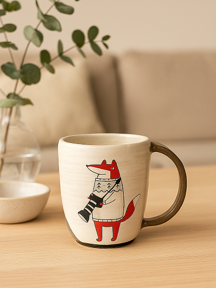 Кружка ручной работы с росписью Лис с фотоаппаратом, керамика, 450 мл, фото 3.