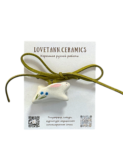 Чокер ручной работы «Зайка» с голубым цветочком, полуфарфор, фото 1.