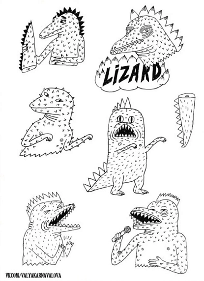 Стикерпак Валя Карнавалова «Lizard», чёрно-белый, 7 наклеек, фото 1.