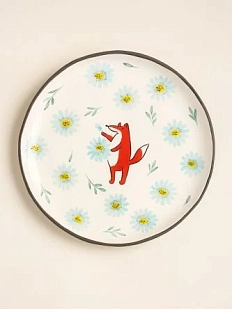 Тарелка ручной работы Ким керамика с бортиком Лис с голубыми ромашками, белая, 17 см