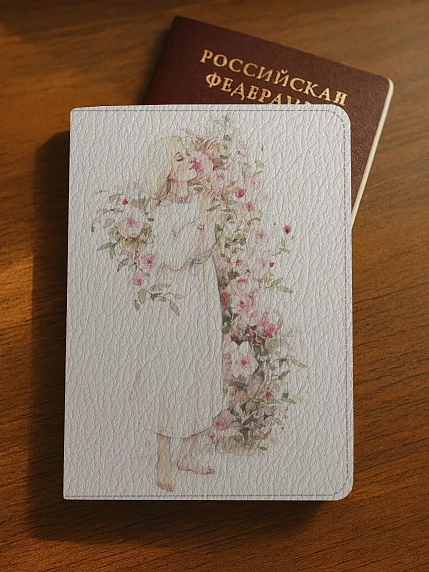 Обложка на паспорт Оксана Викторова «Девочка с розами», мягкий кожзам, фото 2.