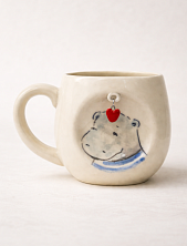 Кружка ручной работы НАДО ЖЕ с подвеской сердечком и росписью «Бегемот», белая, керамика, 250 мл