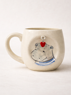 Кружка ручной работы НАДО ЖЕ с подвеской сердечком и росписью «Бегемот», белая, керамика, 250 мл