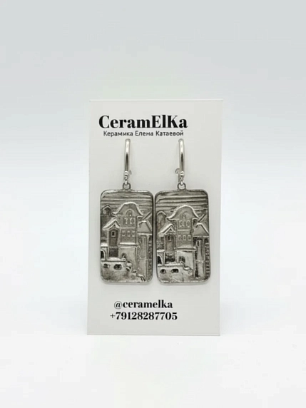 Серьги КерамЕлКа «Город», фарфор, серо-серебристые, фото 2.