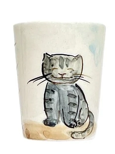 Шот ручной работы с росписью Серый котик с клубочком, керамика, белый, 100 мл