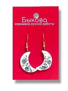 Серьги ручной работы Быкова керамика «Синие цветы»‎, полные полумесяцы, фарфор