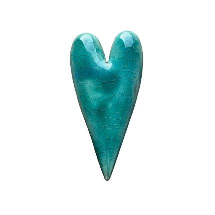 Брошь ручной работы КерамЕлКа «Длинное сердце», сине-зелёная, керамика, фото 1.