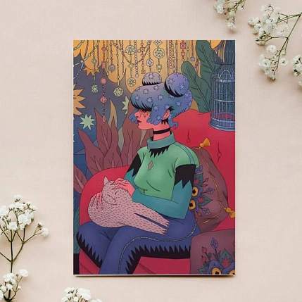 Открытка Валя Карнавалова «Девушка с котом», односторонняя, А6, фото 2.