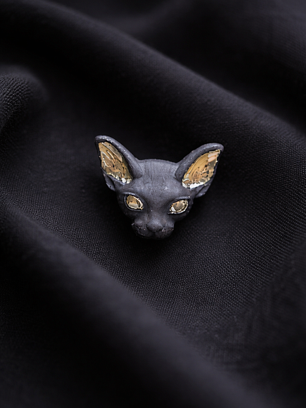 Брошь ручной работы Bulygin «Кошка», фарфор, чёрно-серебристая, фото 5.